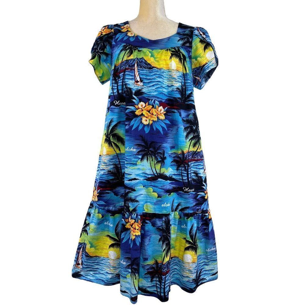 Royal Creations Made in Hawaii Blue 100% Cotton Short Sleeve A-Line MuuMuu SM